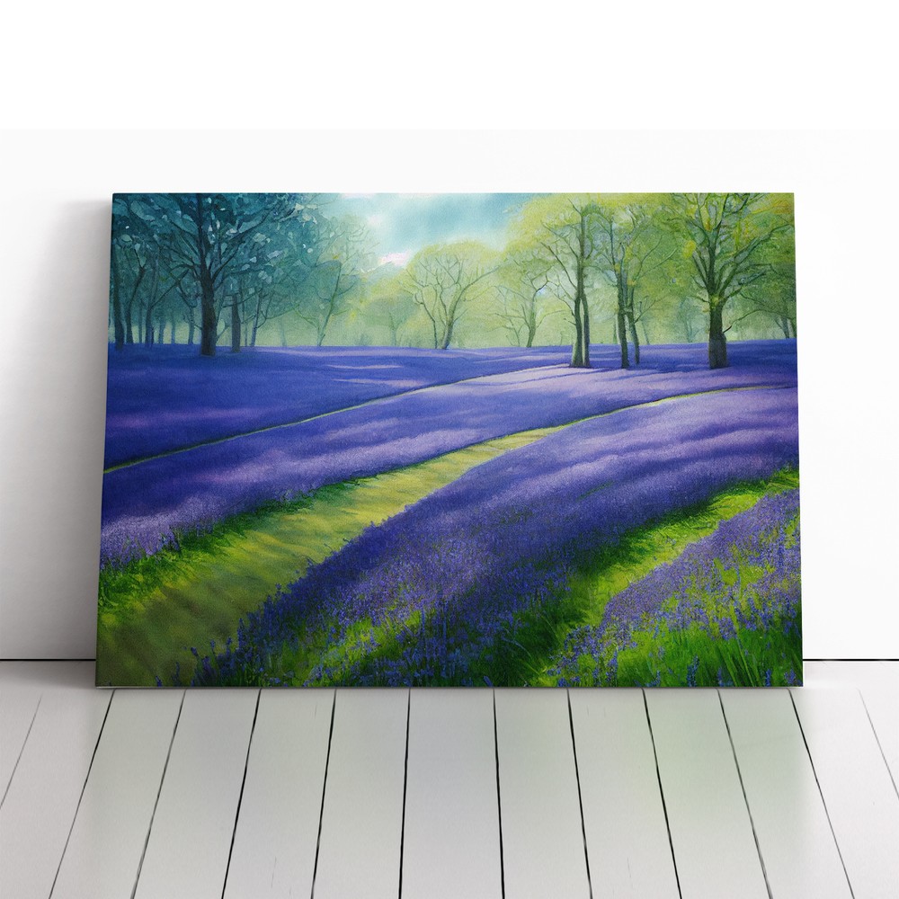 Watercolour Bluebell Field Canvas Wall Art Print Framed Picture Dining Room