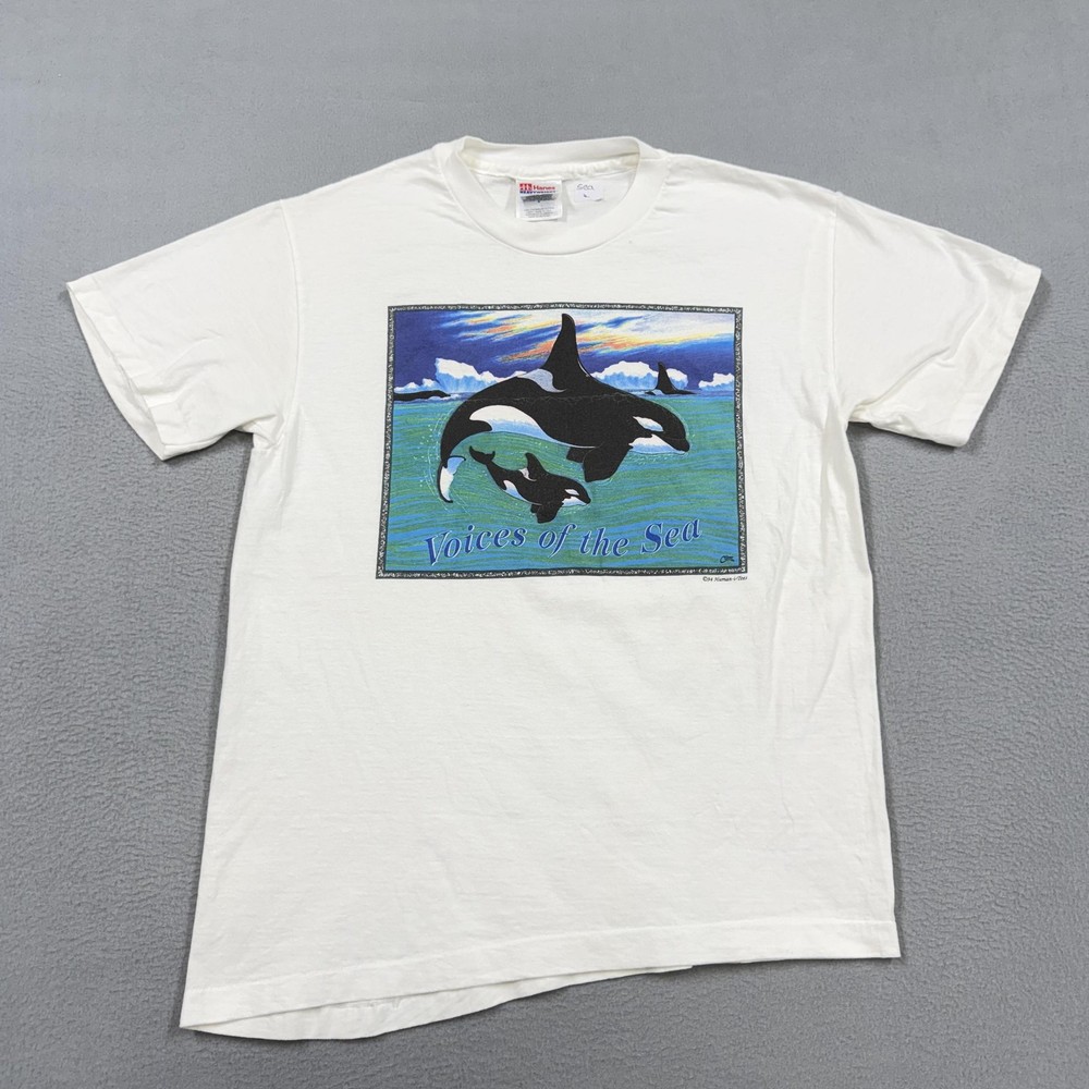 Vintage Hanes Shirt Mens Medium White Voices Of The Sea Orca Graphic Tee 90s