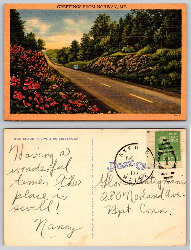 Greetings From Norway, Maine ME Scenic Road View Linen Postcard 1951 Postmarked