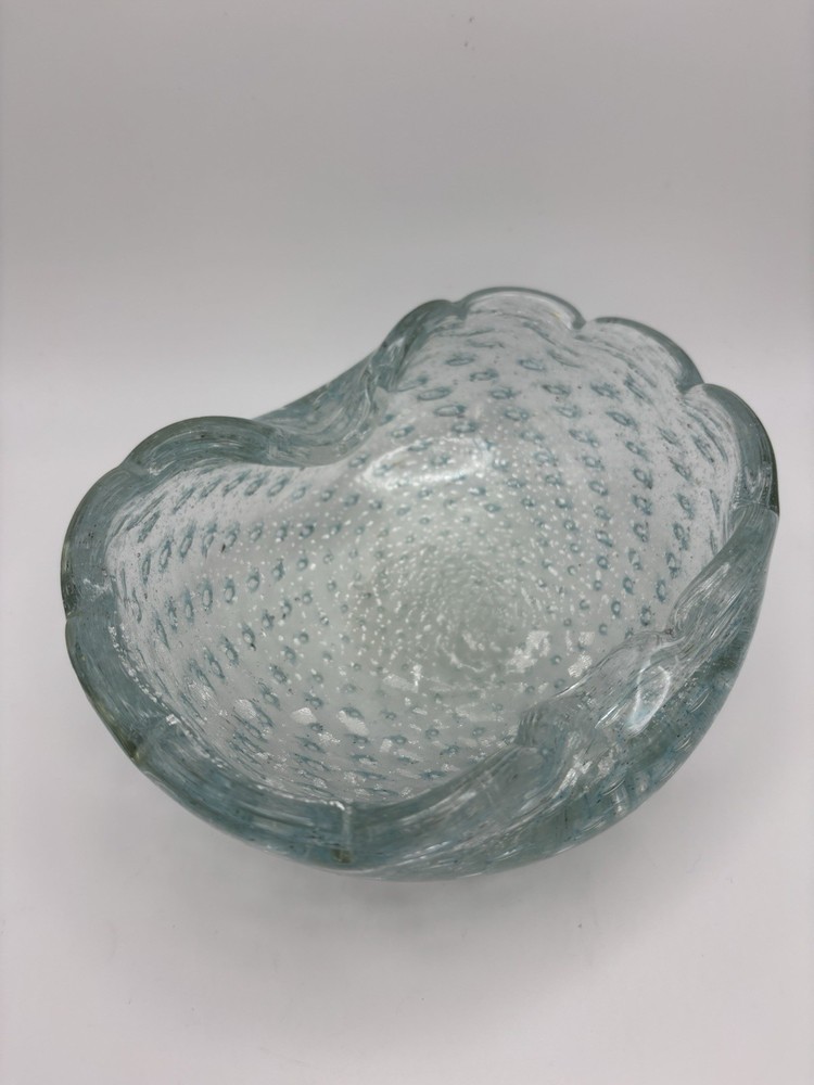 Vintage Murano aqua teal green art glass trinket dish with silver flecks