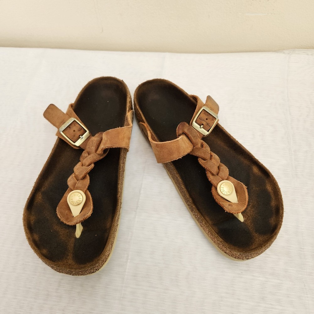 Birkenstock Sandals Women's 6.5-7 Brown Gizeh Leather Braided T-Strap Thong Boho