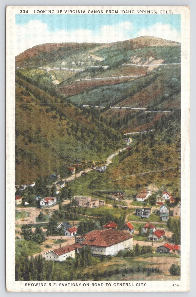 Linen~Air View Idaho Springs Colorado & Virginia Canyon~Vintage Postcard