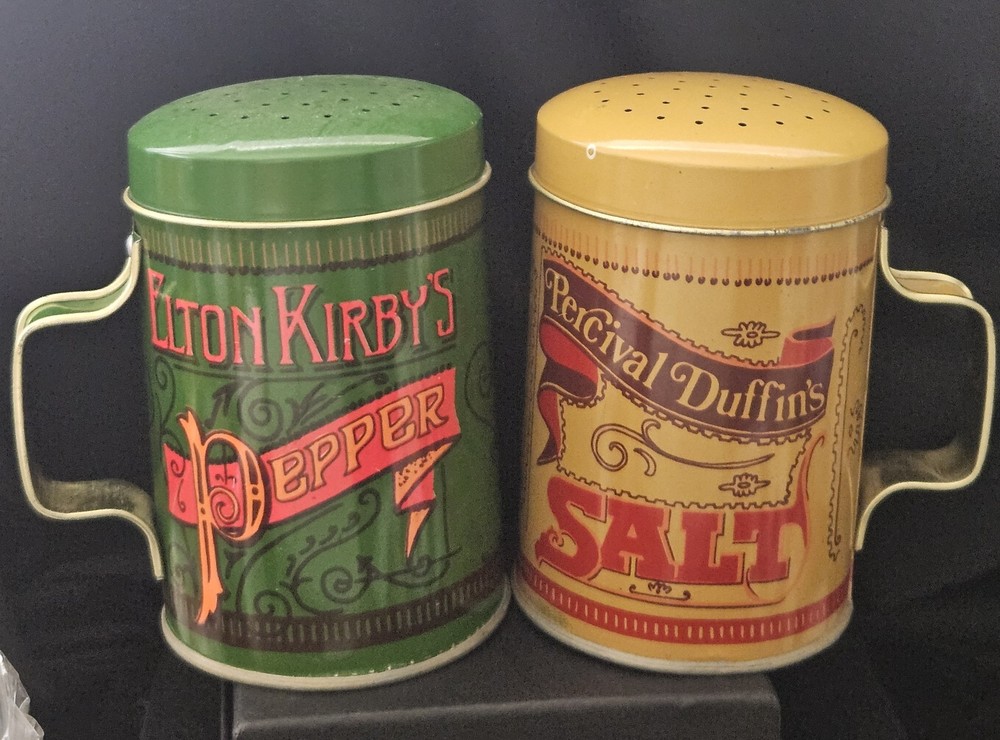Vintage Tin Can Percival Duffin's Elton Kirby's Salt & Pepper Shaker Set Handles