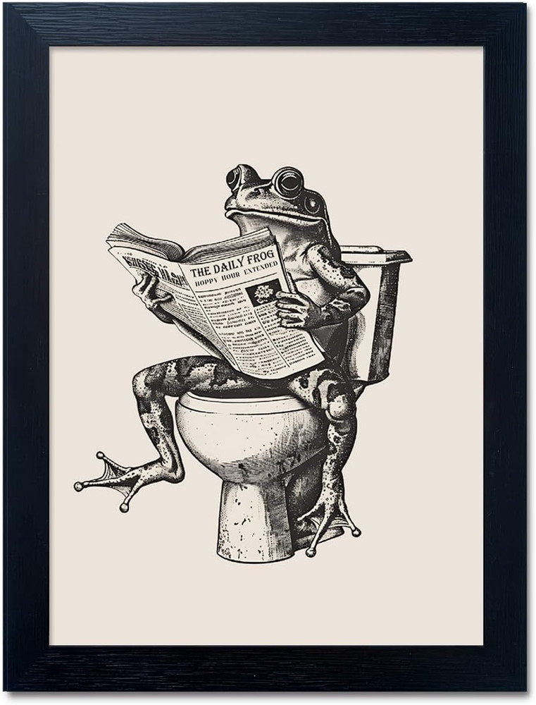 Bathroom Decor Wall Art, Funny Animal Bathroom Wall Art, Frog on Toilet Reading
