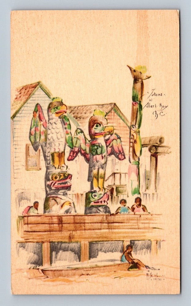 Vintage Alert Bay BC Totem Poles Postcard 1930 Hand Colored Art