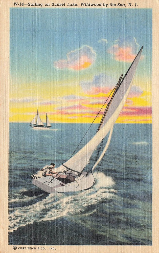 SAILING ON SUNSET LAKE POSTCARD WILDWOOD-BY-THE-SEA NJ NEW JERSEY 1930s