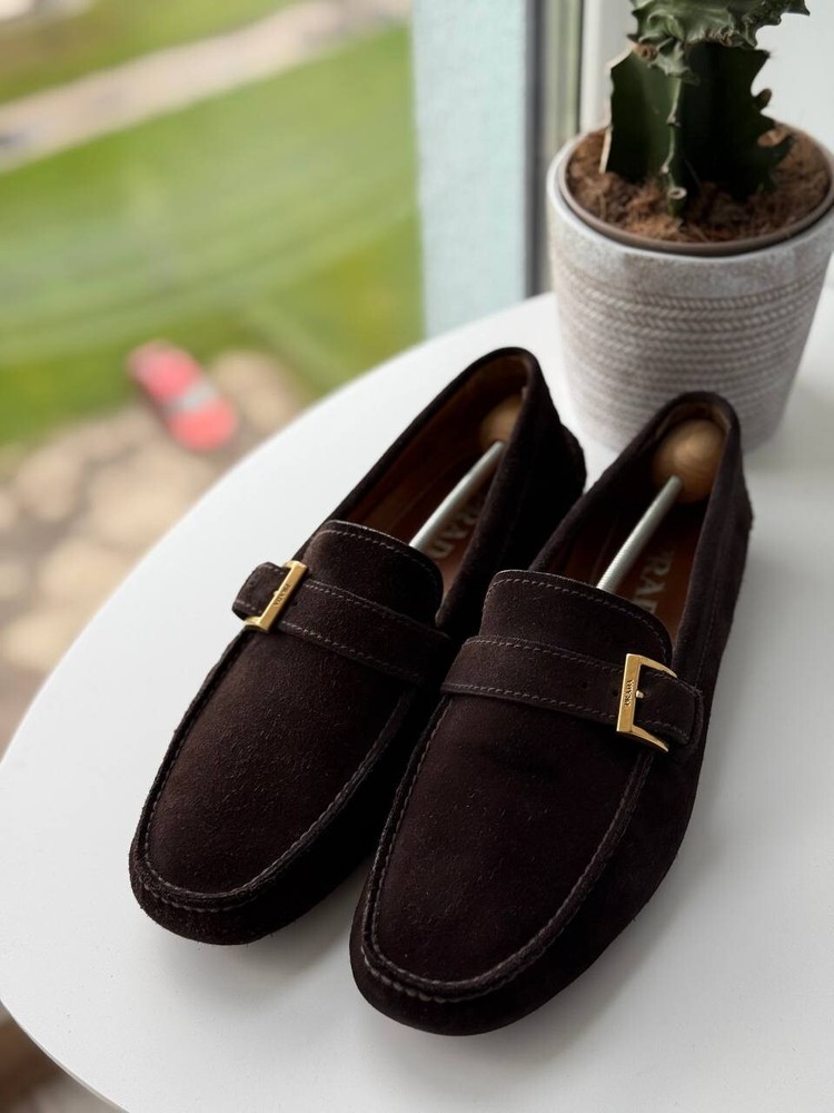 Prada Brown Suede Gold Buckle Loafers Size 44 EU 11 US Luxury Driving Shoes $850