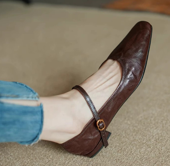 Women Pointed Toe Leather Mary Jane Shoes Ankle Strap Retro Flat Casual OL Pumps