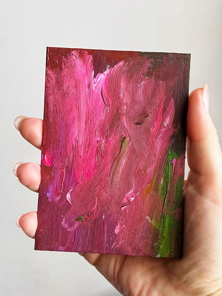 Small Abatract Painting Acrylic Art Pink Purple Miniature Artwork Hand Painted