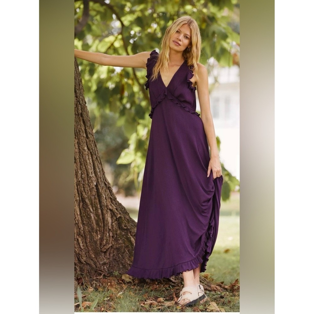 Anthropologie Plum Deep V-Neck Ruffled Maxi Dress Size XL NWT