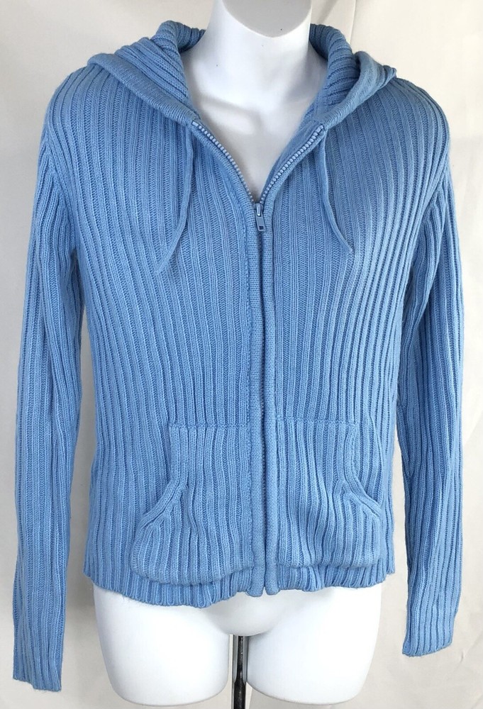 Vintage Hoodie Cardigan Sweater M Blue Long Sleeve Zip Up Y2K Boho 90s Urban
