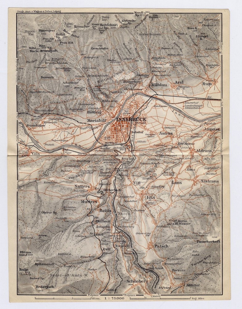 1910 Original Antique Map Of Innsbruck And Vicinity / Austria