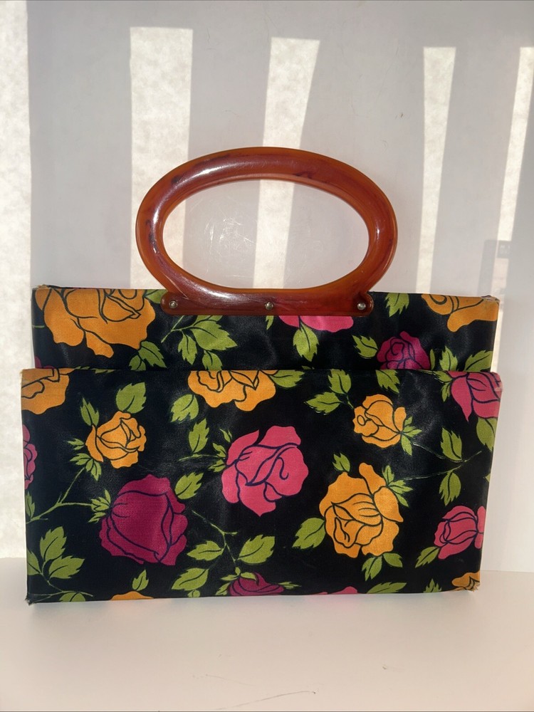 Vtg Lady’s Pride Tote 60s 70s Floral Folding Bag Acrylic Convertible Carry All