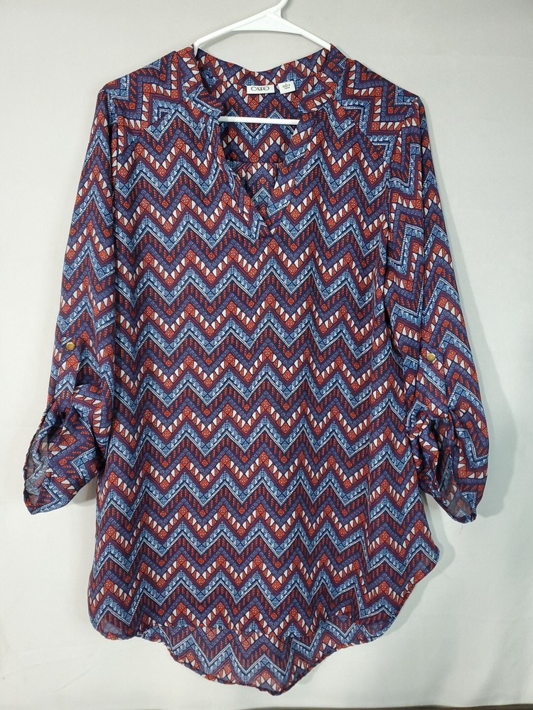 CATO Blouse Women's Size Large V-neck Sheer Pullover 3/4 Roll Tab Sleeve