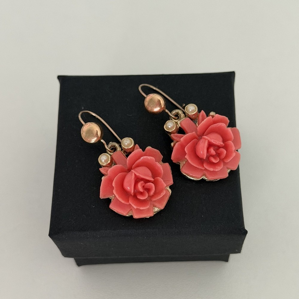 Vintage Faux Coral Carved Celluloid Rose Flower Pierced Dangle Earrings