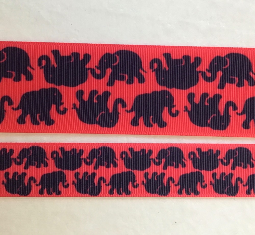 Navy blue elephants on red grosgrain ribbon 7/8 inch 1.5 inch trunks palm beach style