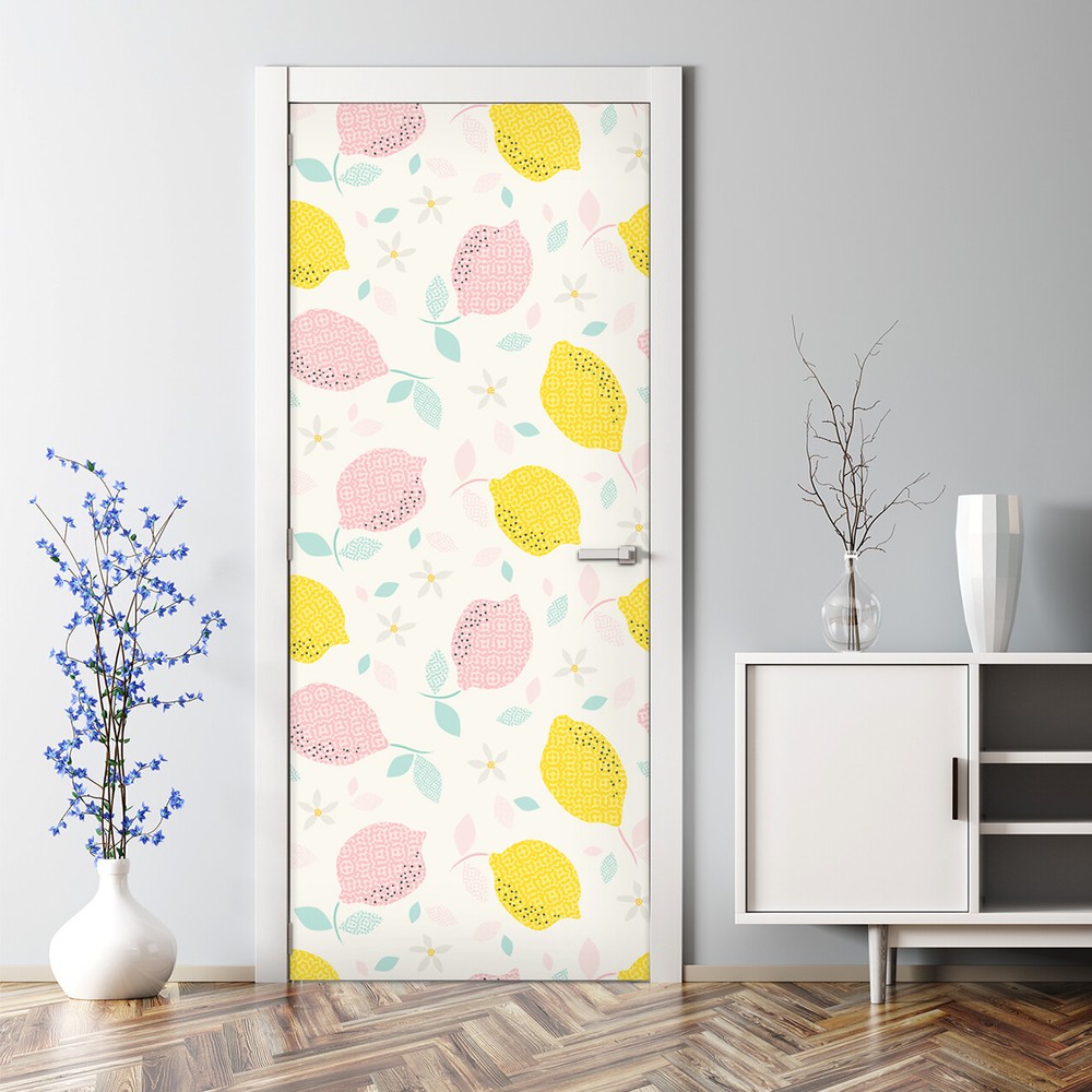 Removable Door sticker Lemon with Flowers Exotic Watercolour Self adhesive Decor
