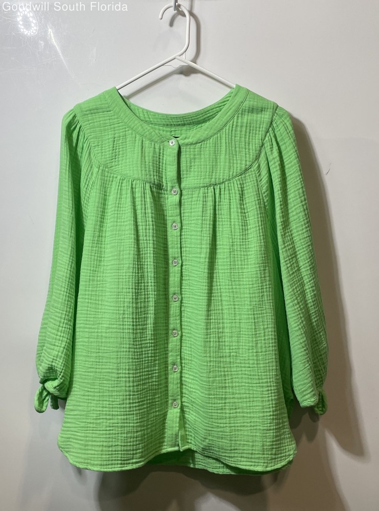 Talbots Womens Green Airy Gauze 3/4 Tie-Sleeve Button Front Blouse Top Size L