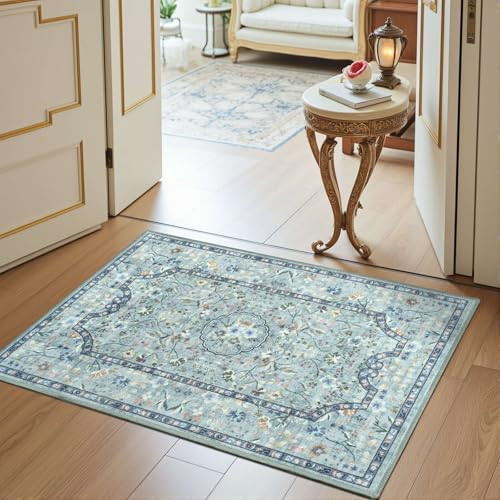 2x3 Blue Washable Entryway Rug with Non-Slip TPR Backing and Vintage Design