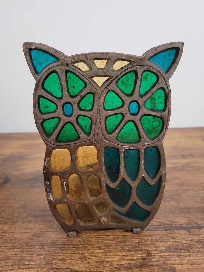 Vintage Cast Iron Stained Glass Owl Votive Candle Holder Colorful Japan 6 1/2