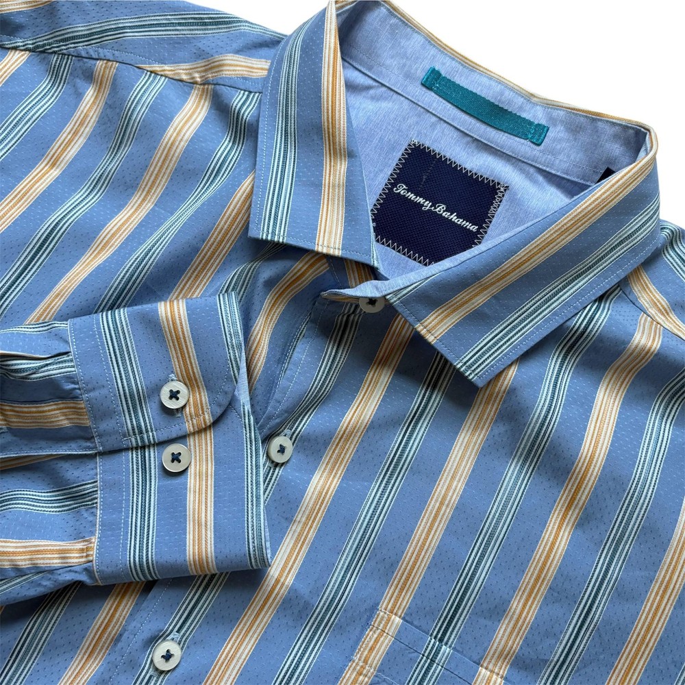 Tommy Bahama Shirt Mens XL Blue Striped Button-Up Cotton Casual Long Sleeve