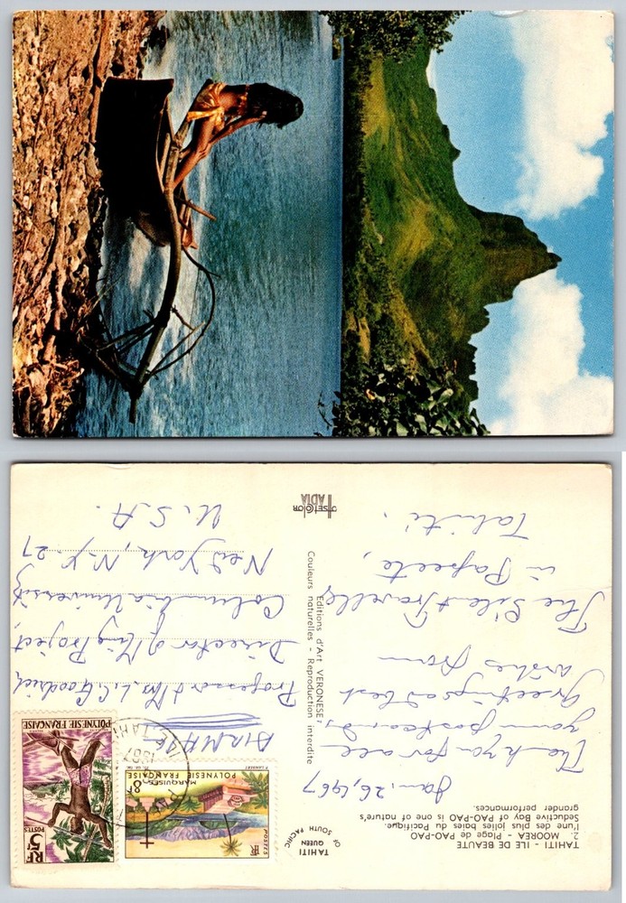 1967 Tahiti Moorea Pao-Pao Bay Woman Canoe French Polynesia Postcard