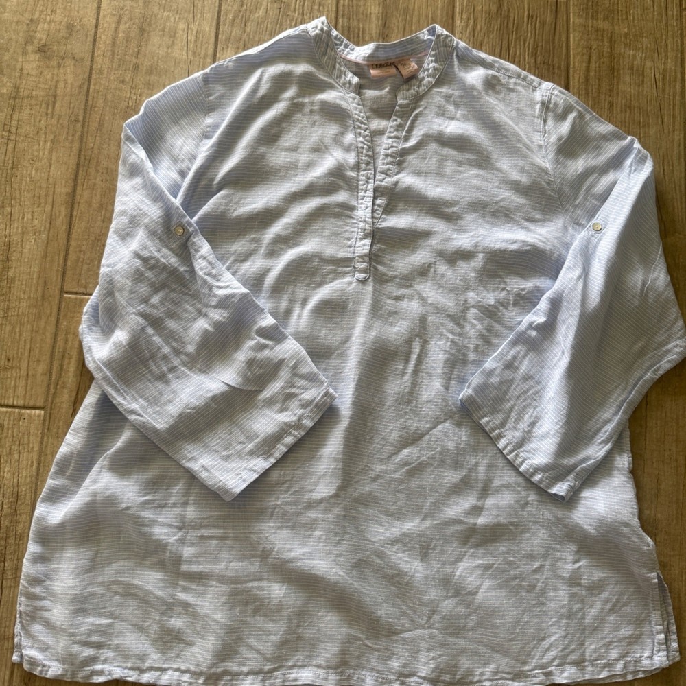 Seaglass St Tropez West Blue White Striped Linen Tunic Top Womens 2X Roll Tab