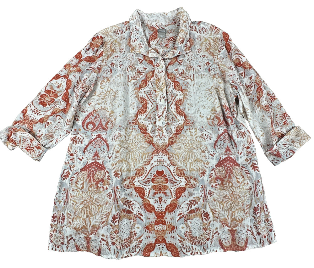 Chico's Women's Coral Orange Paisley Medallion Linen Tunic Blouse Top Size 3 XL