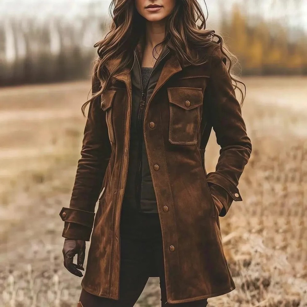 Women’s Dark Brown Real Suede Leather Coat Handmade Long Vintage Trench Jacket.