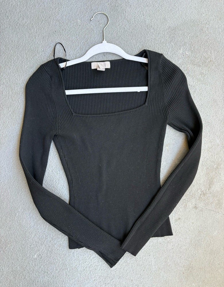 H&M black ribbed square neck long sleeve knit