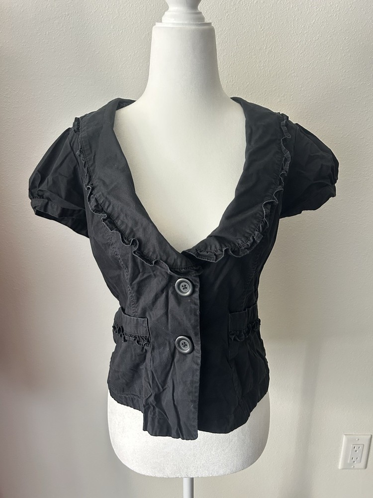 VTG Black Ruffle Button Front Top Dark Coquette Twee Y2K Feminine Gothic Whimsy