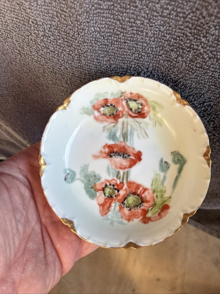Antique Haviland Limoges Plate Poppies Gold Trim Red Plate 5” Wide France