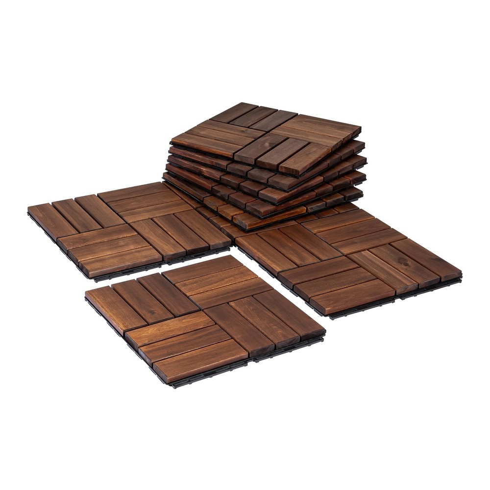 Acacia Wood Interlocking Deck Tiles for Patio - 9-Pack 12-Slat Flooring-image