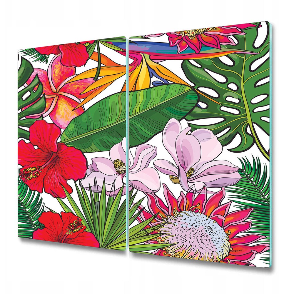 Glass Worktop Saver Exotic Monstera with Flowers Tropical Floral Leaves 2x30x52