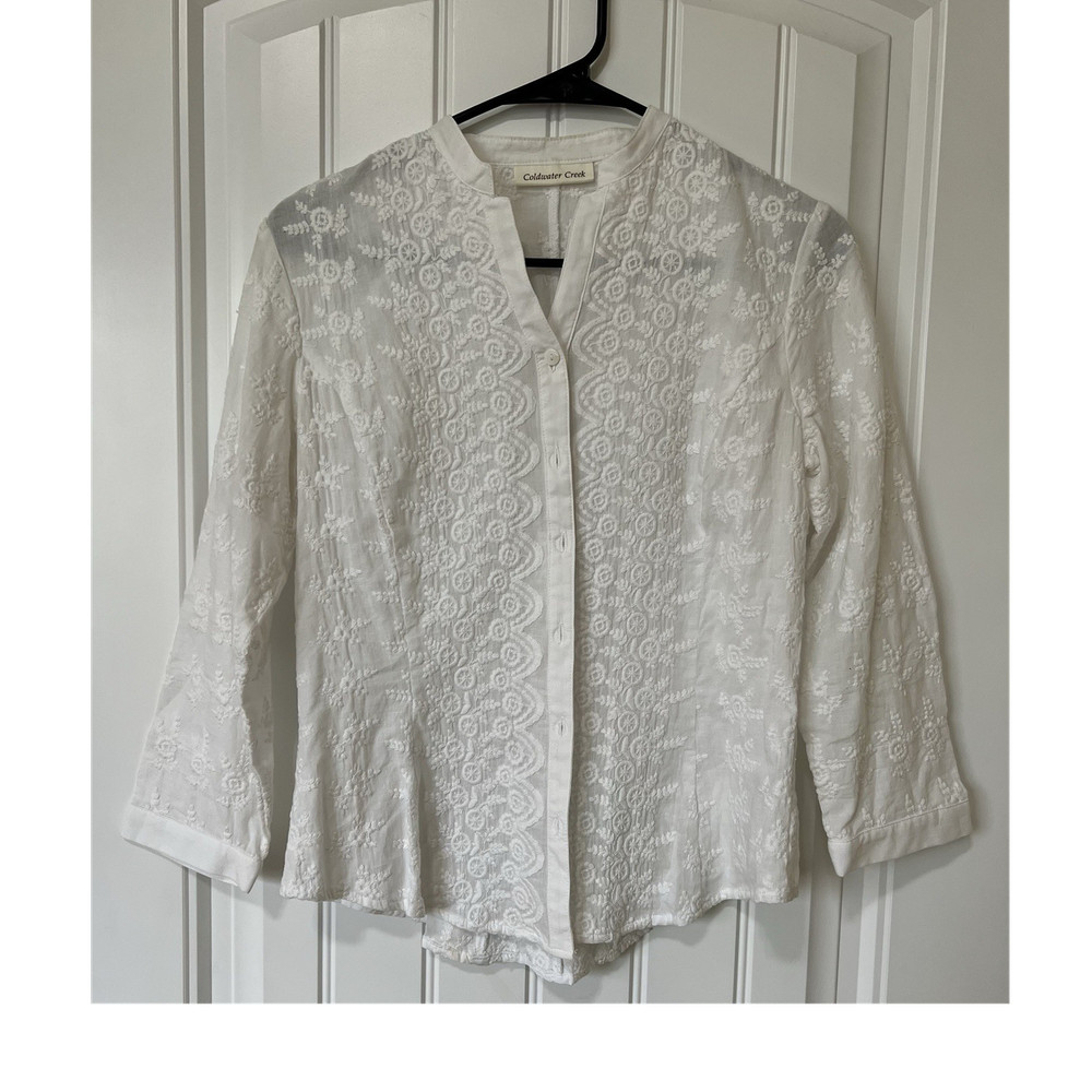 Coldwater Creek White Embroidered Blouse Petite Small Boho Cottage Top S/P