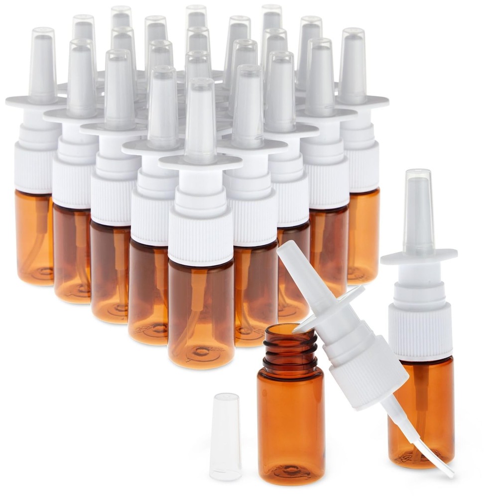 Bulk Nose Spray Bottles - 0.35 fl oz (10 ml) Amber Refillable Plastic Nasal S...