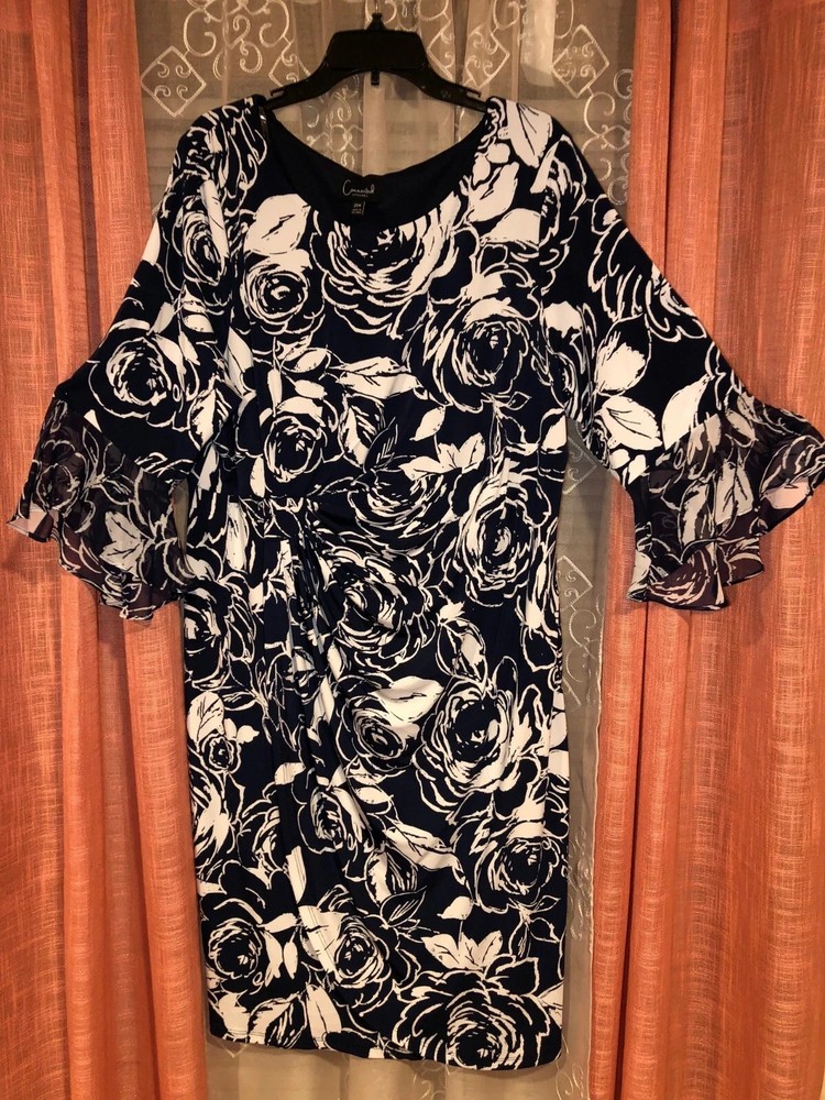 NWT Connected Apparel Womens Dress Dark Navy/White Printed Roses 24W