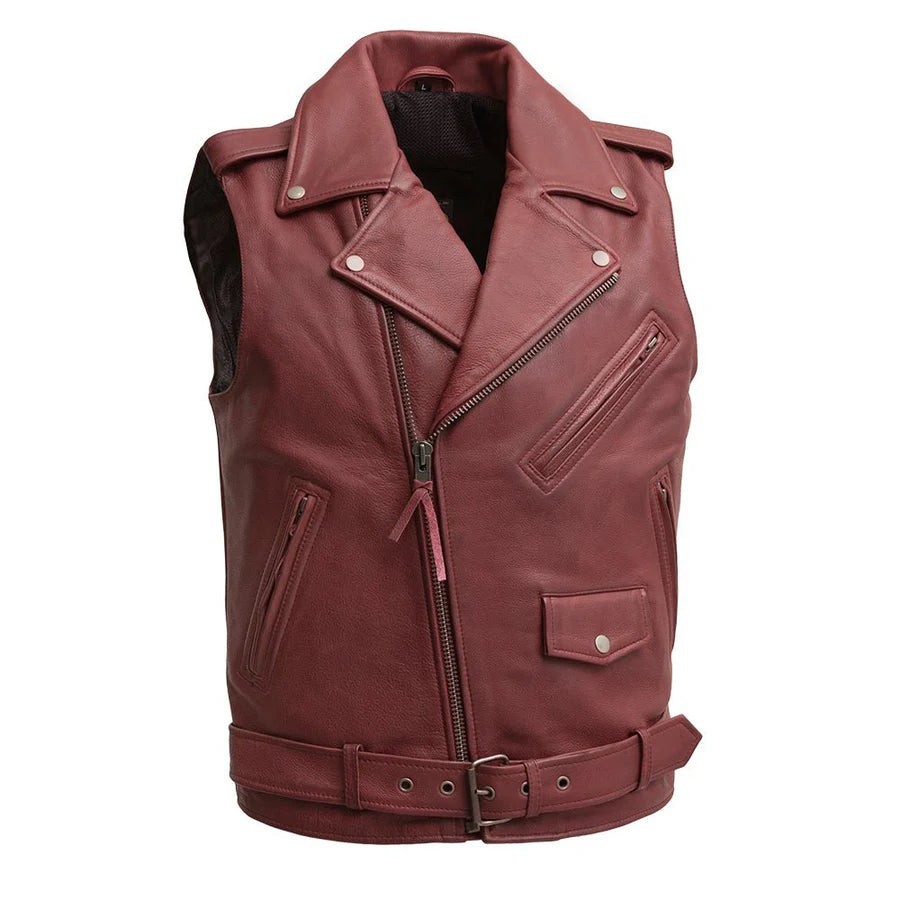 Crimson Men’s Genuine Leather Motorcycle Vest Biker Riding Sleeveless Jacket