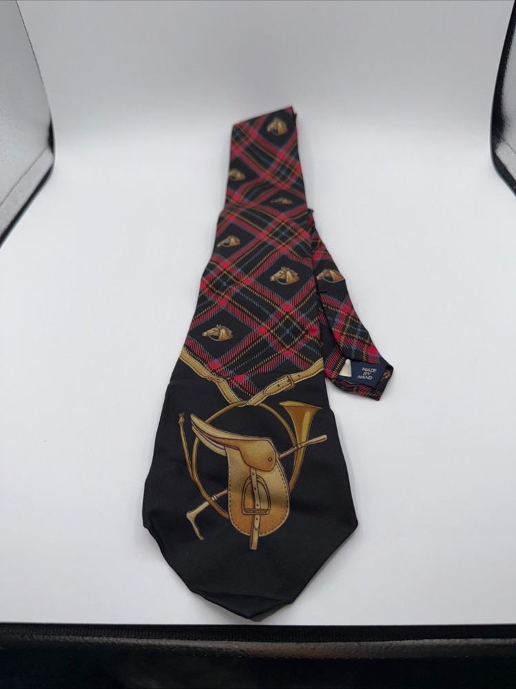 Ralph Lauren RN 41381 Equestrian Silk Tie Plaid Horse Head Saddle Horn - AS IS