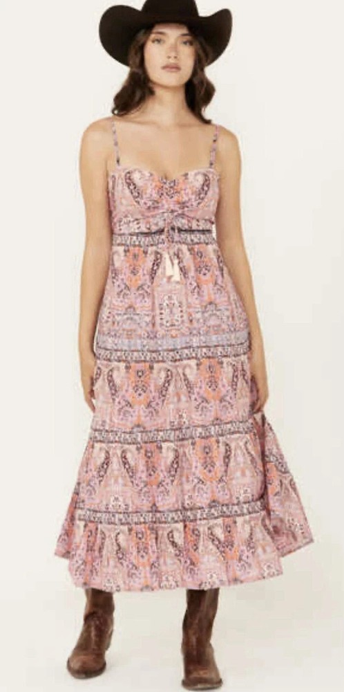 Cleobella Loraine Womens Maxi Dress/Small /Pink /Organic Cotton Smocked Tassels