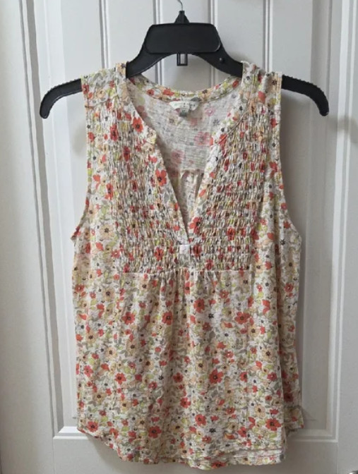 Women's Lucky Brand Cream Sleeveless Smocked V-Neck Top with Orange Floral