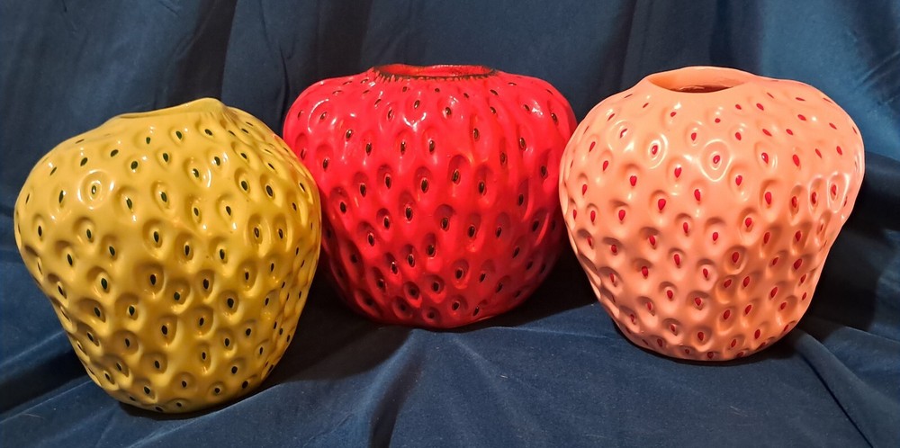 3 strawberry planters vases,pink,green and red