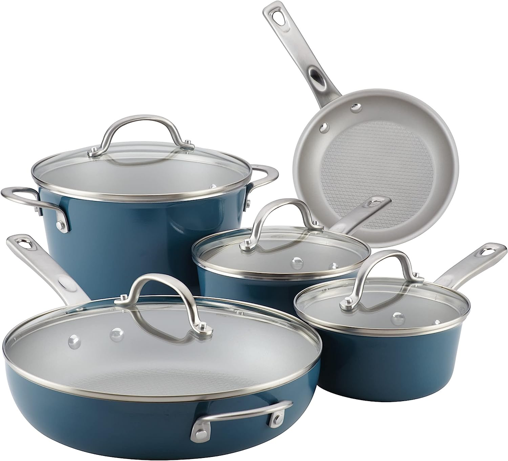 Curry Home Collection Nonstick Cookware Pots and Pans Set, 9 Piece, Twilight Tea