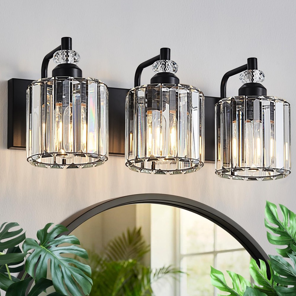 3-Light Black Bathroom Light Fixtures Over Mirror Modern Vanity Lights Crysta...
