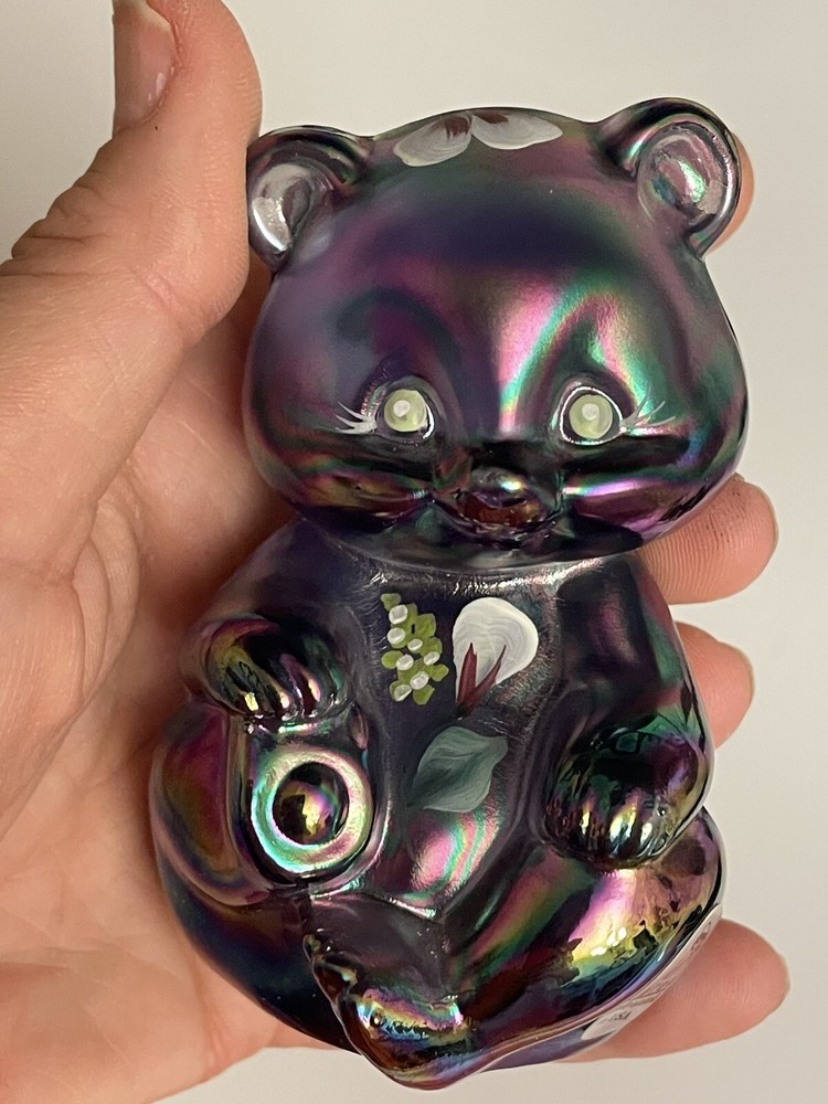 Fenton Bear Iridescent Plum Glass Hand Painted Flowers Signed Figurine T Kelley