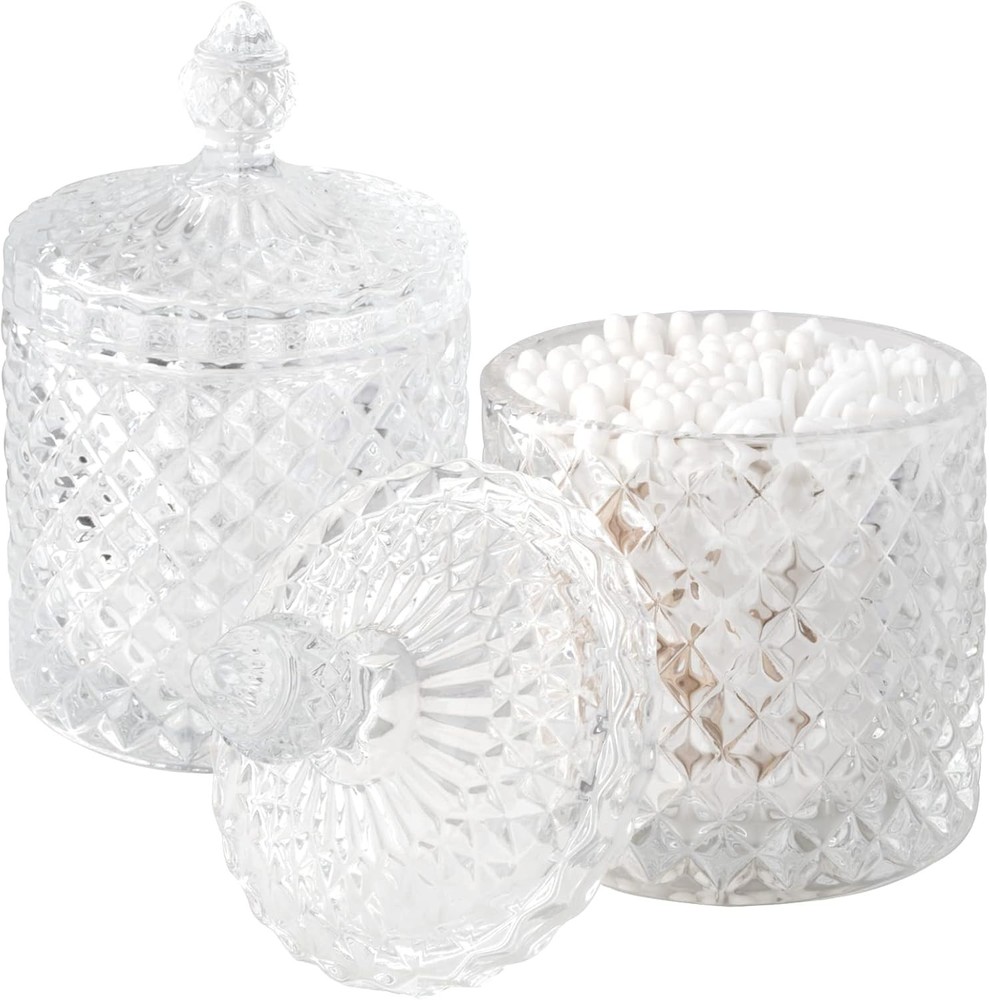 Thick glass apothecary jars with lids for cotton swabs balls and jewelry storage