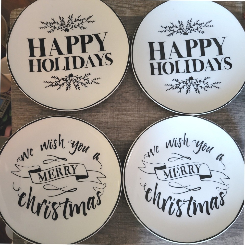 American Atelier Christmas Holiday Salad Plates Set of 4 Stoneware Black White