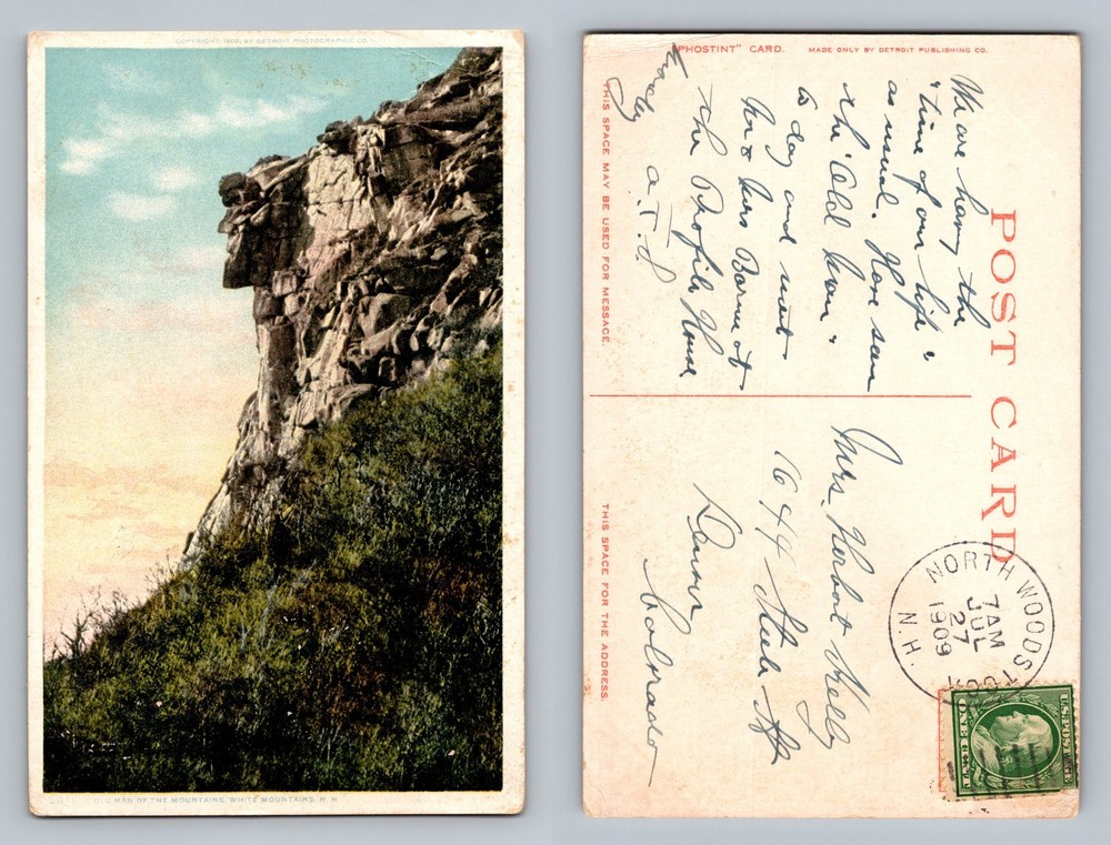White Mountains, New Hampshire, Old Man Profile Rock View Vintage c1909 Postcard