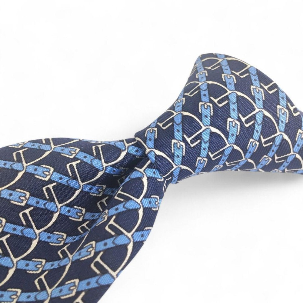 HERMES Necktie Tie All over belt pattern Made in France Navy Light Blue 100%Silk