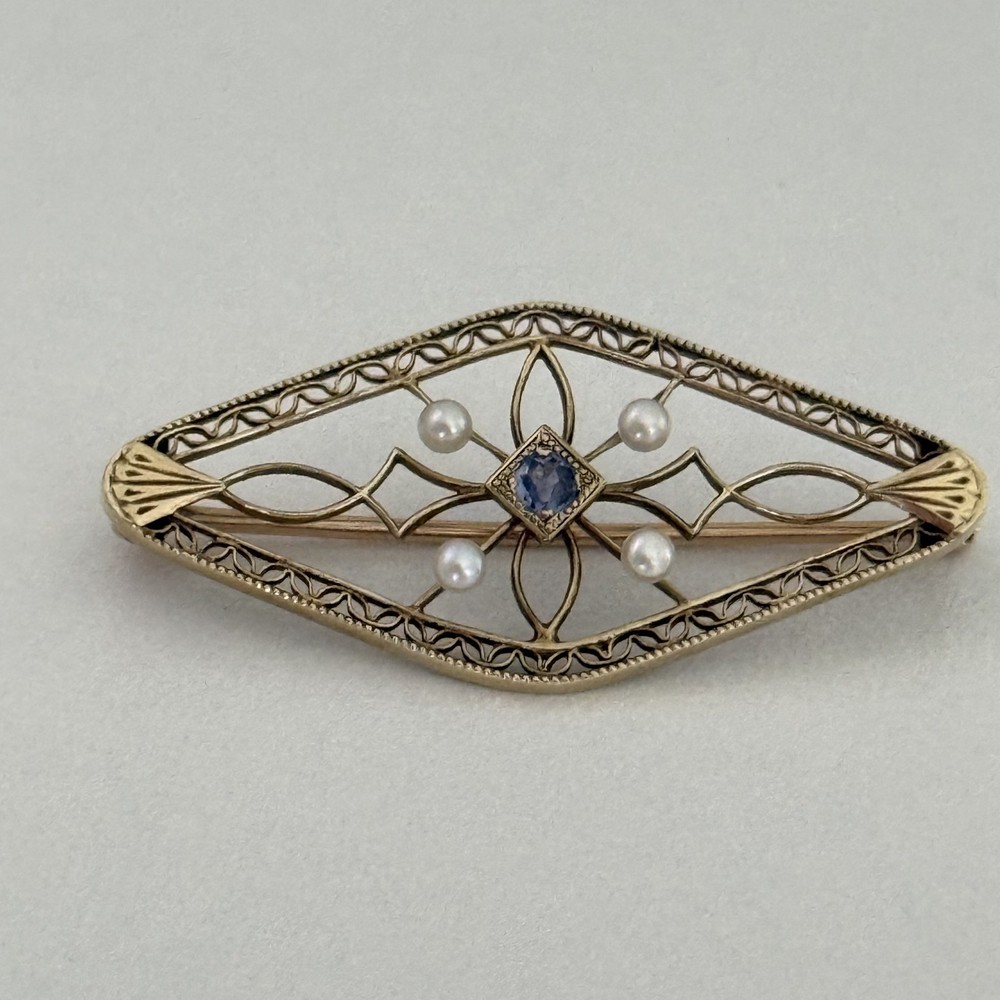 Antique Art Nouveau 14K Yellow Gold Sapphire Pearl Filigree Bar Brooch Pin